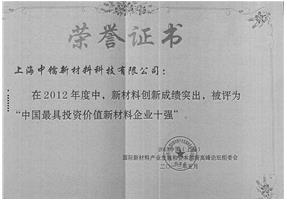 榮譽證書－2012中國最有投資價值新材料企業(yè)十強